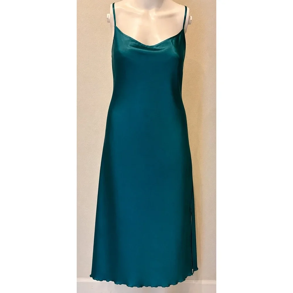 Teal Satin Midi Slip Dress Size XL Cowl Neck Side Slit Soft Glam 90s Style Fairy - Picture 2 of 14